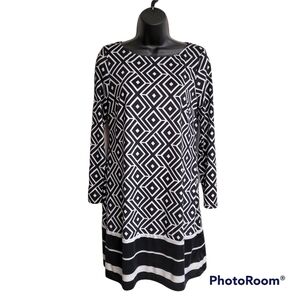 INC Black And White Long Sleeve Boat Neck Dress
